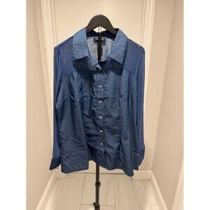 Ashley Stewart Navy Button-Down Shirt with Studded Yoke